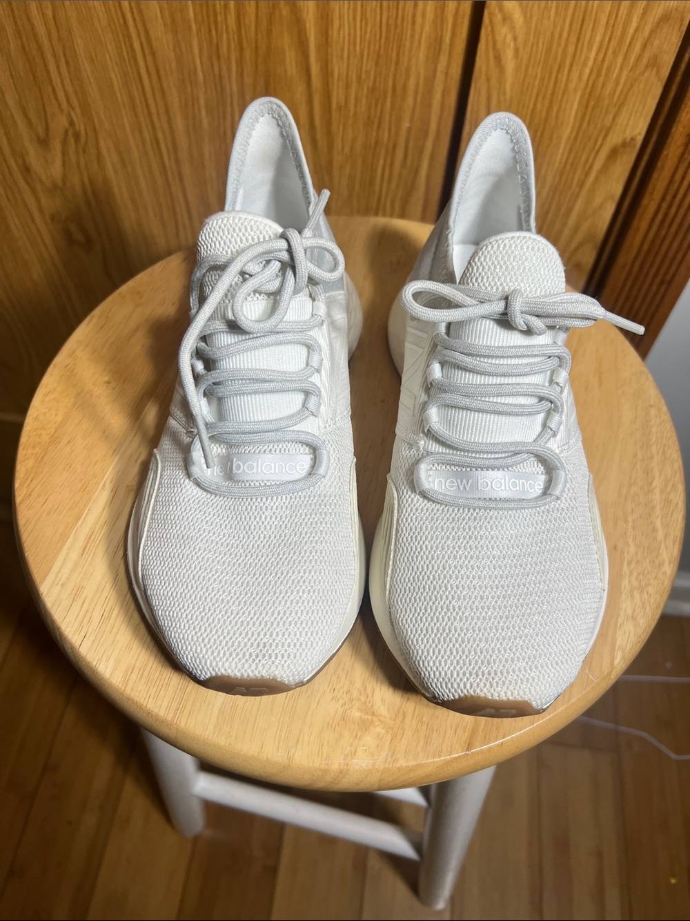 New Balance Women’s Light Gray and White Knit Lace-Up Sneakers